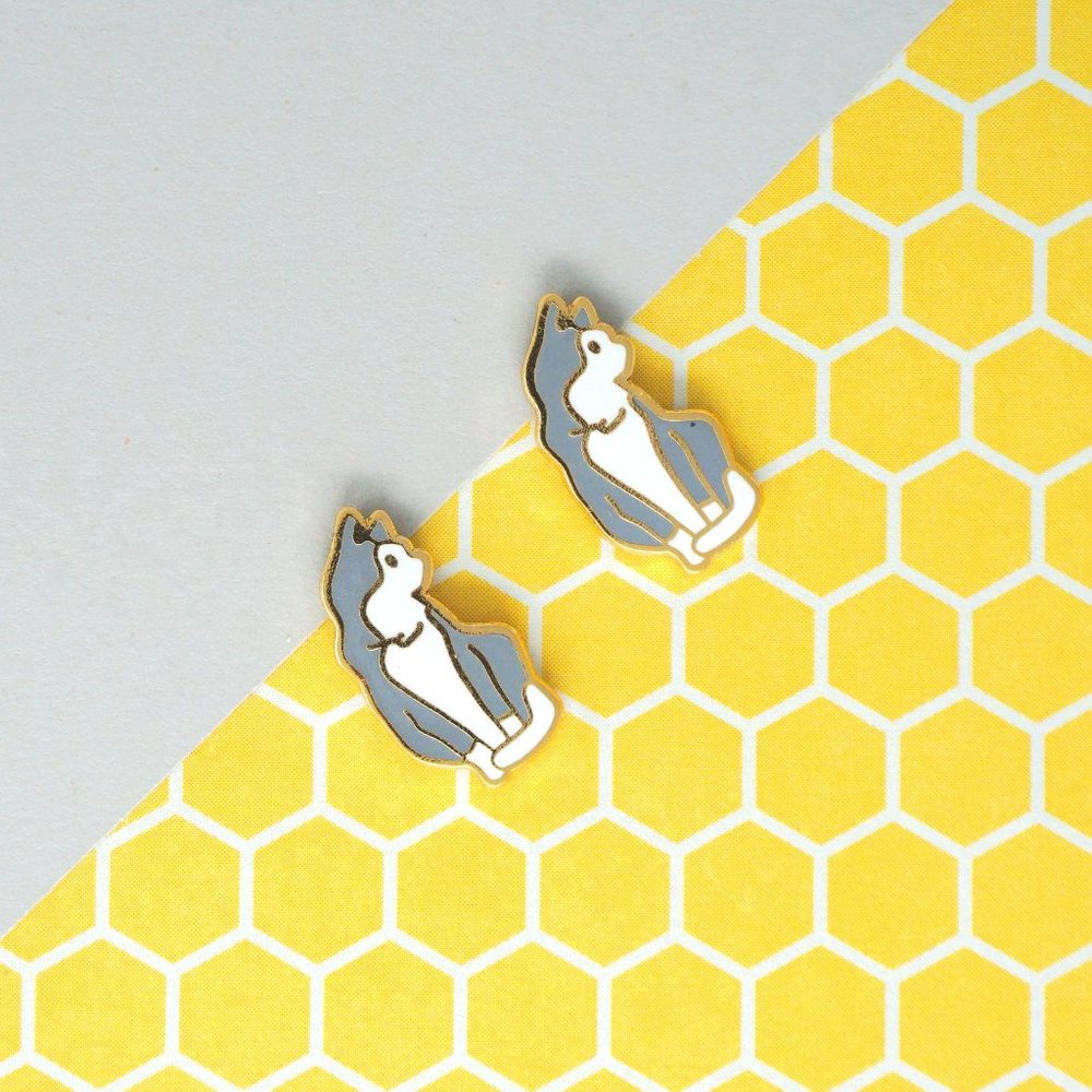 Handcrafted Gray White Cat Enamel Stud Earrings